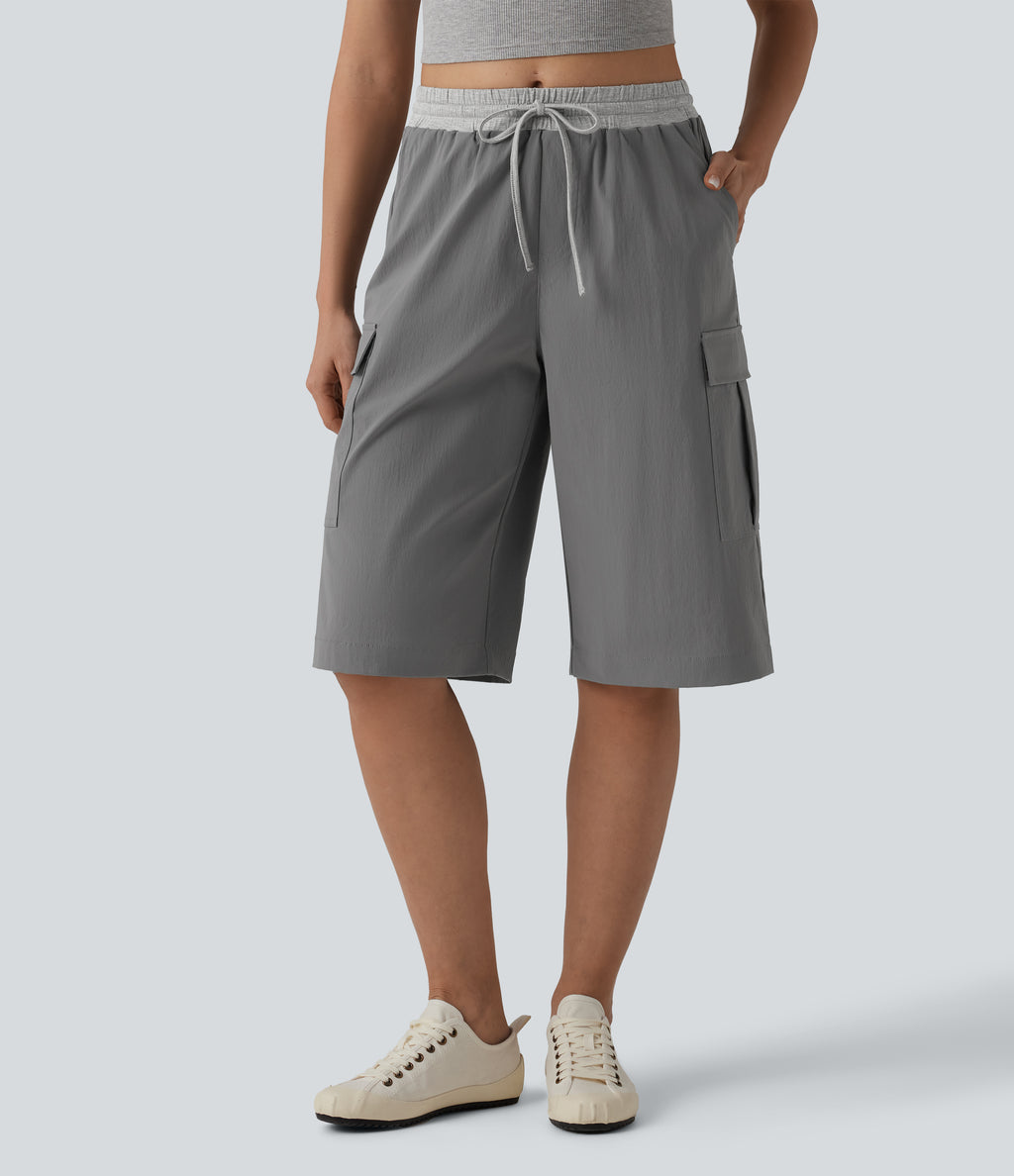 Mid Rise Drawstring Color Block Casual Pedal Pusher Trousers with Pockets — Steel Gray — view 3