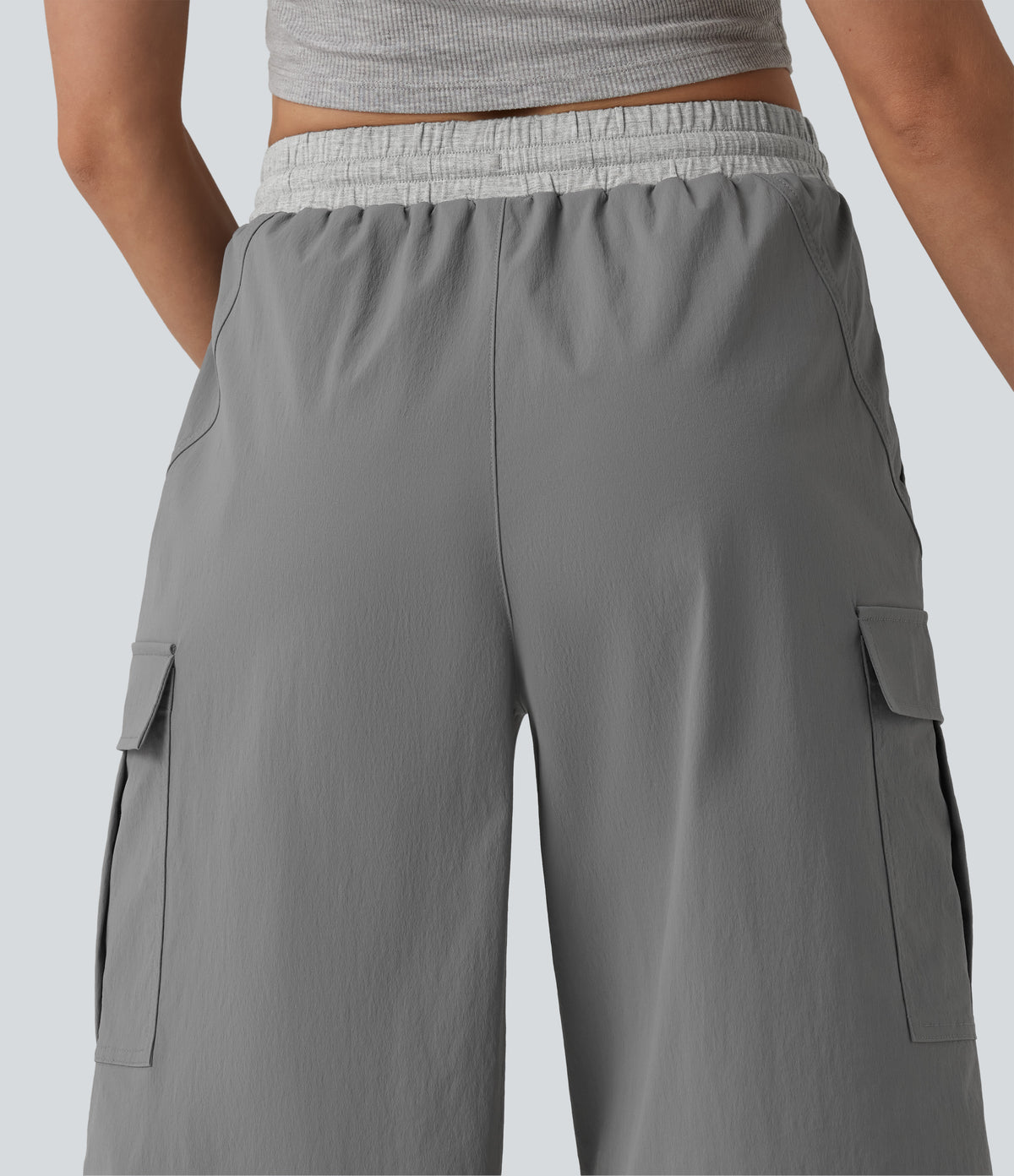 Mid Rise Drawstring Color Block Casual Pedal Pusher Trousers with Pockets — Steel Gray — view 5