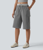 Mid Rise Drawstring Color Block Casual Pedal Pusher Trousers with Pockets — Steel Gray — view 1