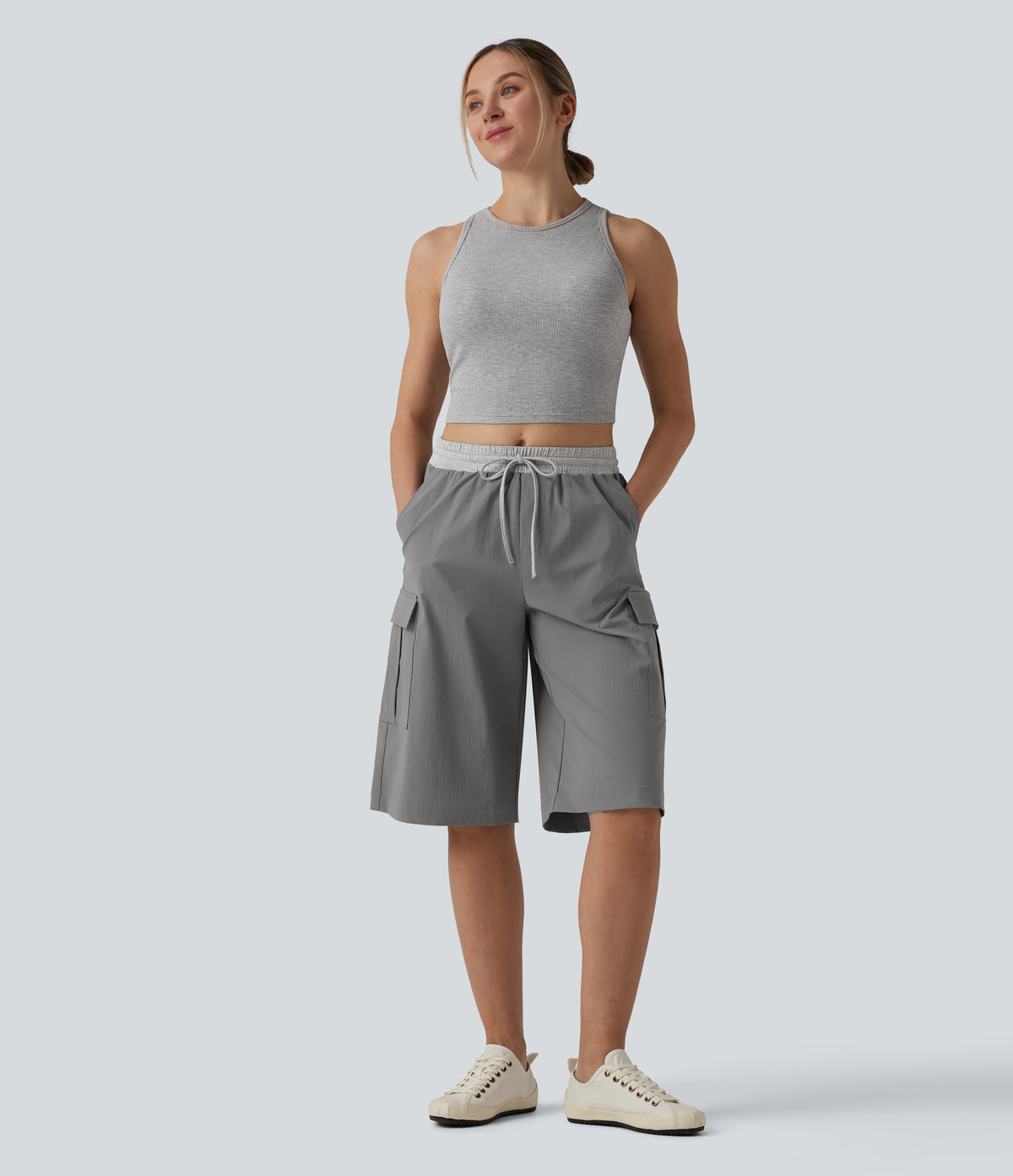 Mid Rise Drawstring Color Block Casual Pedal Pusher Trousers with Pockets — Steel Gray — view 7