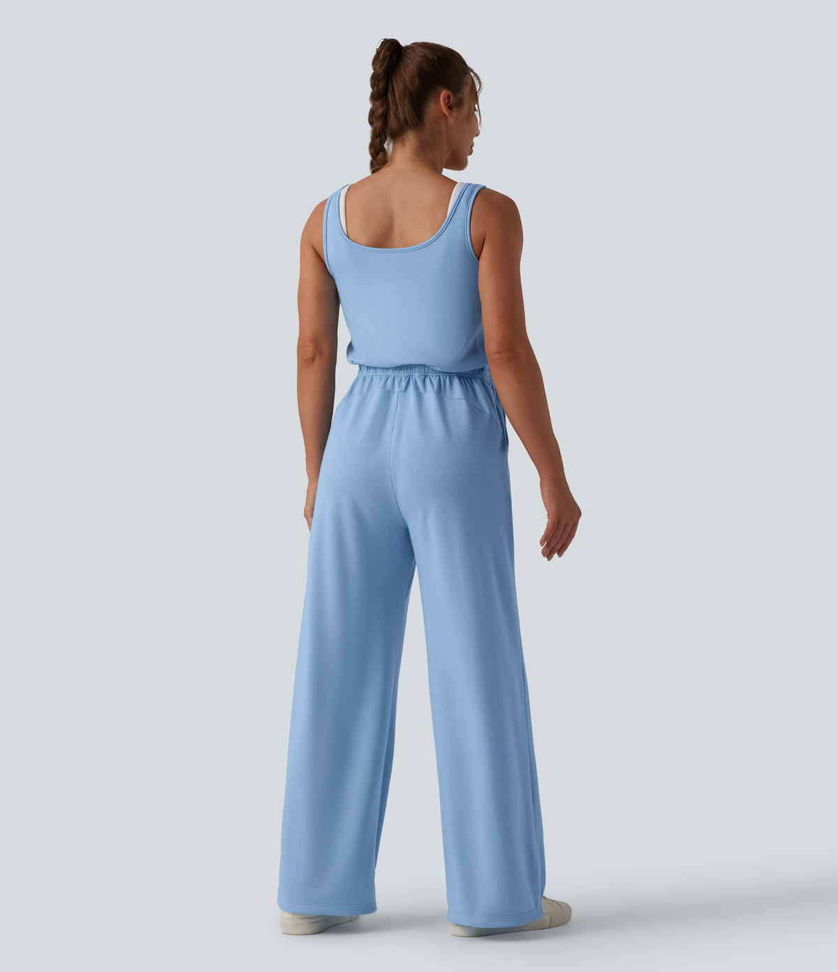 U Neck Scoop Back Drawstring Casual Jumpsuit with Pockets — Airy Blue — view 2