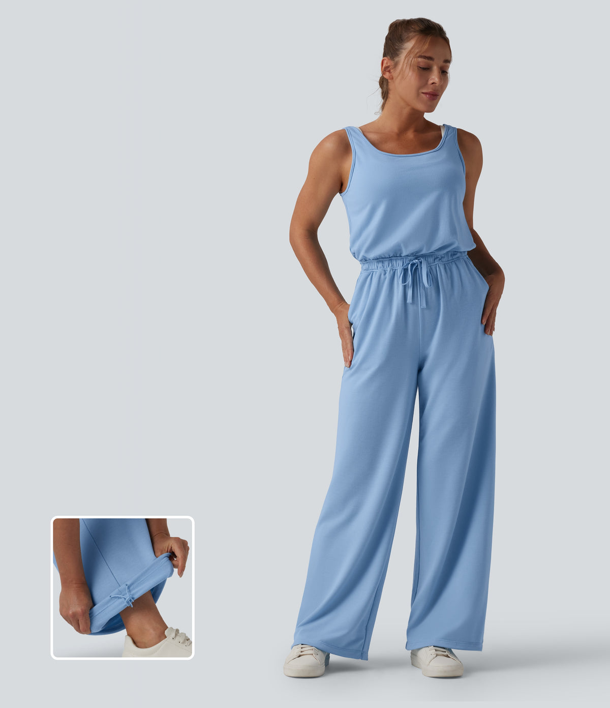 U Neck Scoop Back Drawstring Casual Jumpsuit with Pockets — Airy Blue — view 1