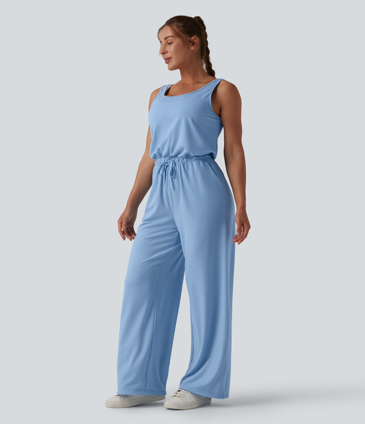 U Neck Scoop Back Drawstring Casual Jumpsuit with Pockets — Airy Blue — view 3