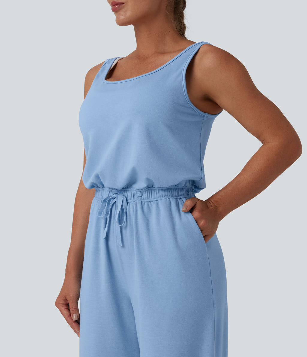 U Neck Scoop Back Drawstring Casual Jumpsuit with Pockets — Airy Blue — view 5