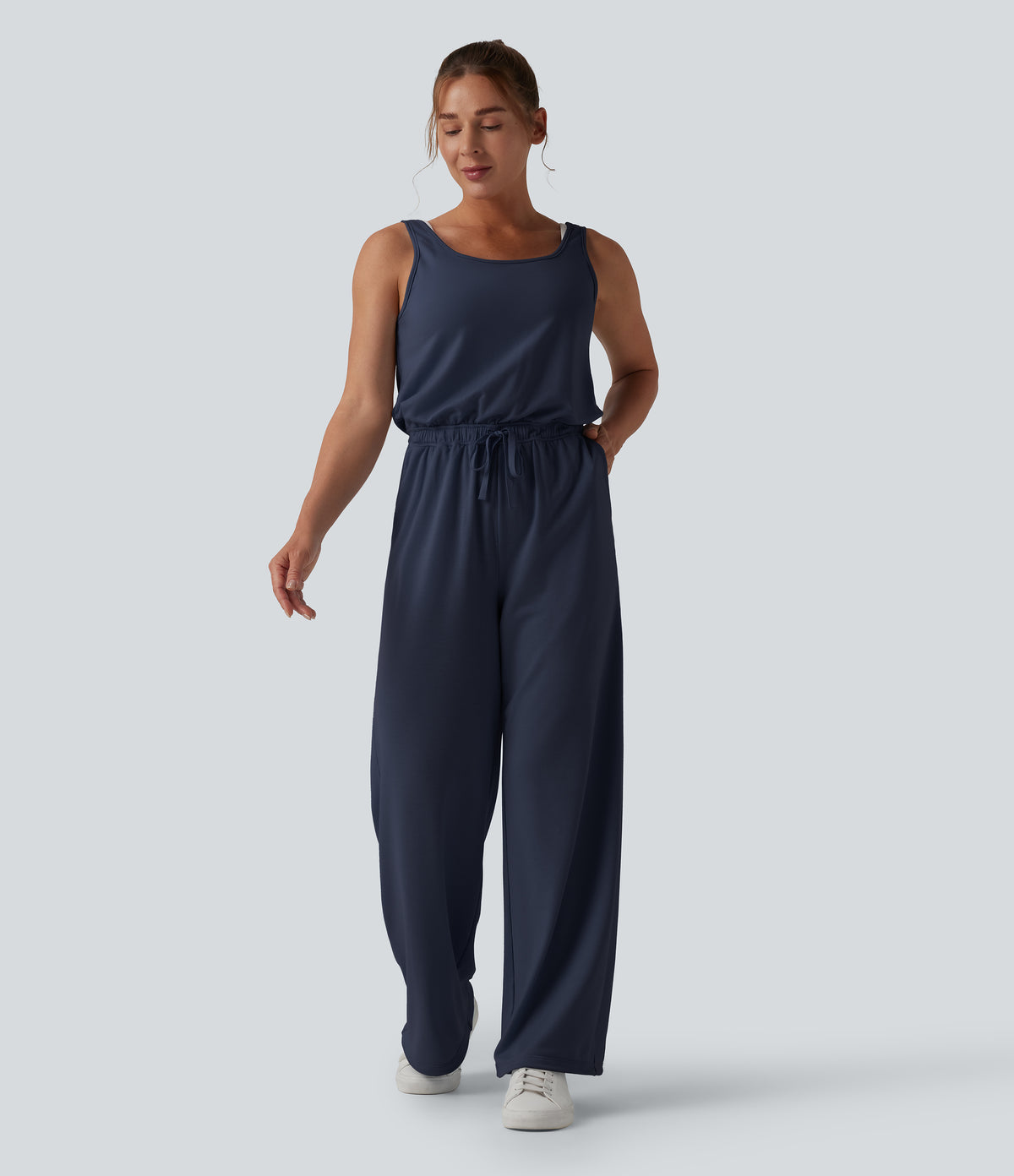 U Neck Scoop Back Drawstring Casual Jumpsuit with Pockets — Black Iris — view 6