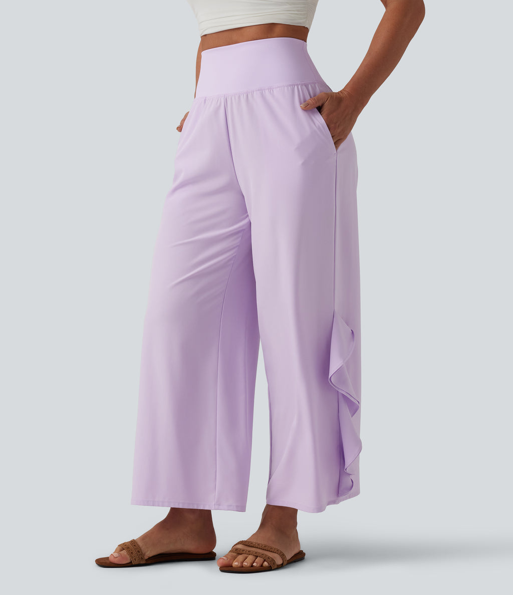 High Waisted Ruffle Wide Leg Quick Dry Trousers with Pockets — Leisurely Lavender — view 3