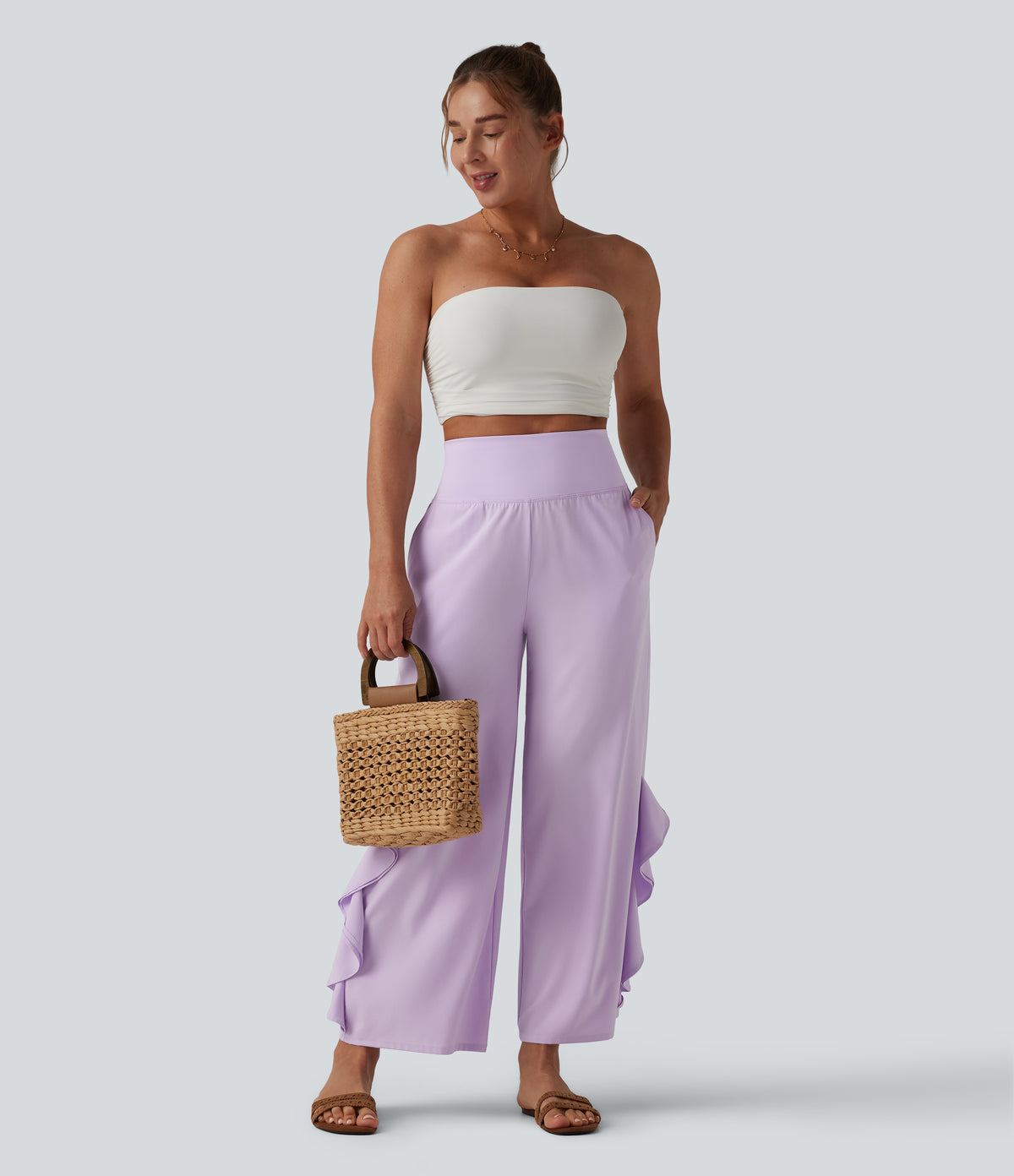 High Waisted Ruffle Wide Leg Quick Dry Trousers with Pockets — Leisurely Lavender — view 7