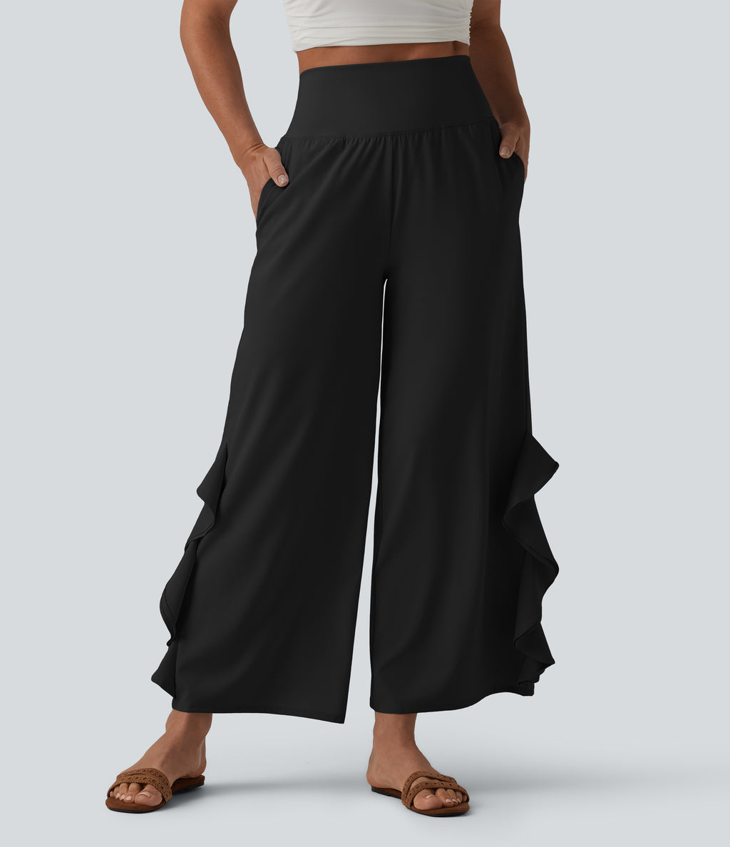 High Waisted Ruffle Wide Leg Quick Dry Trousers with Pockets — Black — view 8