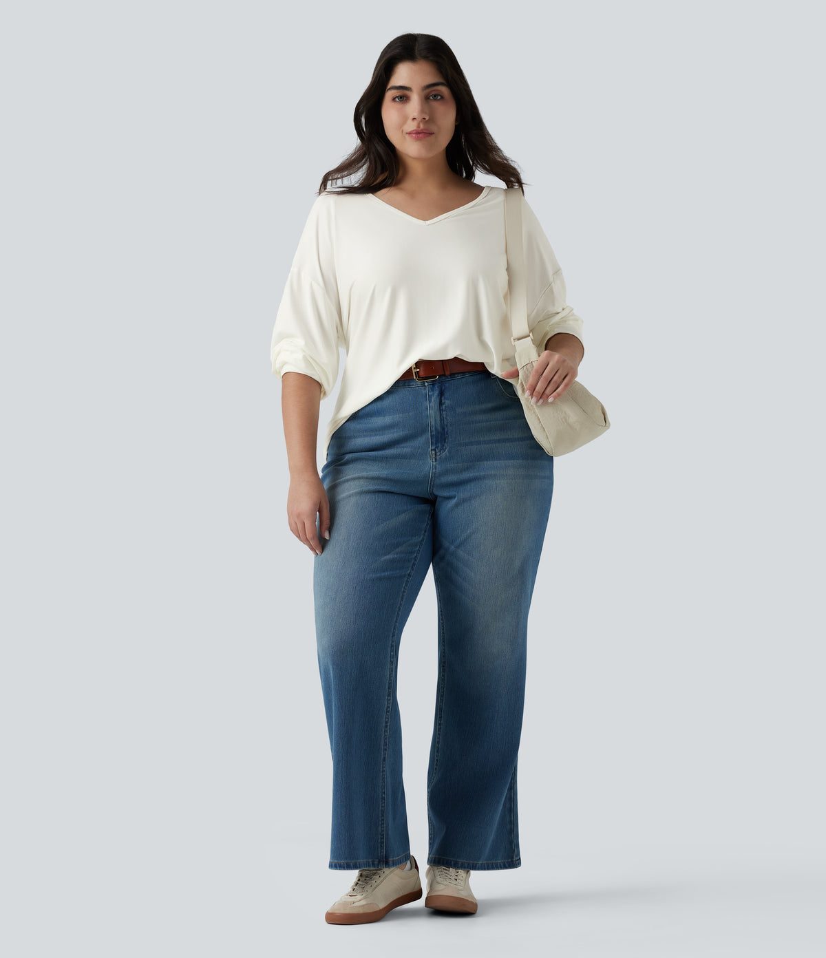 Plus Size V Neck Long Sleeve Casual Top — White — view 7