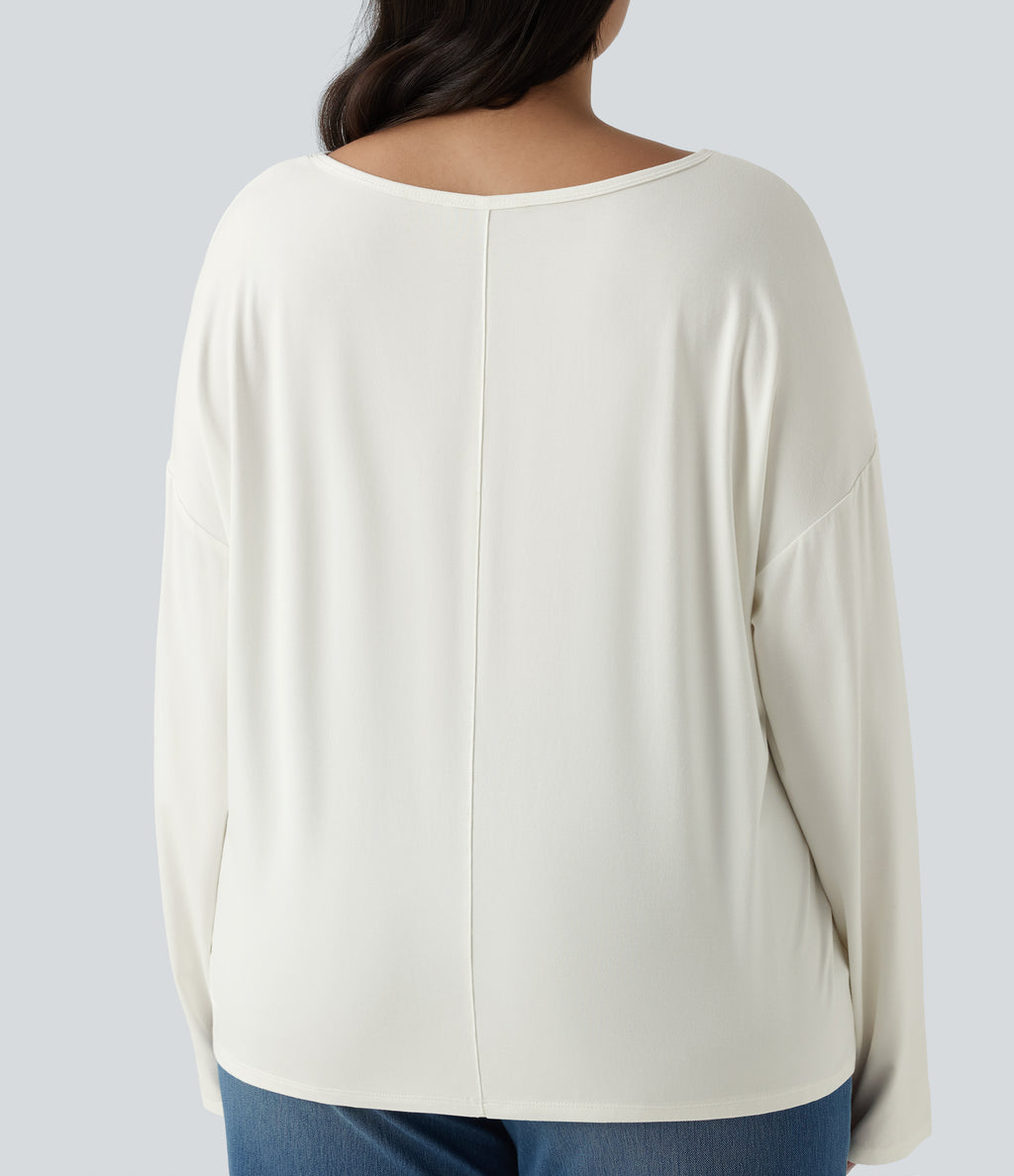 Plus Size V Neck Long Sleeve Casual Top — White — view 5