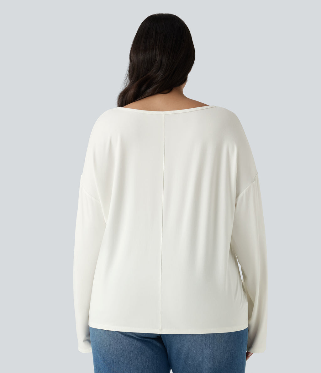 Plus Size V Neck Long Sleeve Casual Top — White — view 2