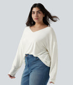 Plus Size V Neck Long Sleeve Casual Top — White — view 3