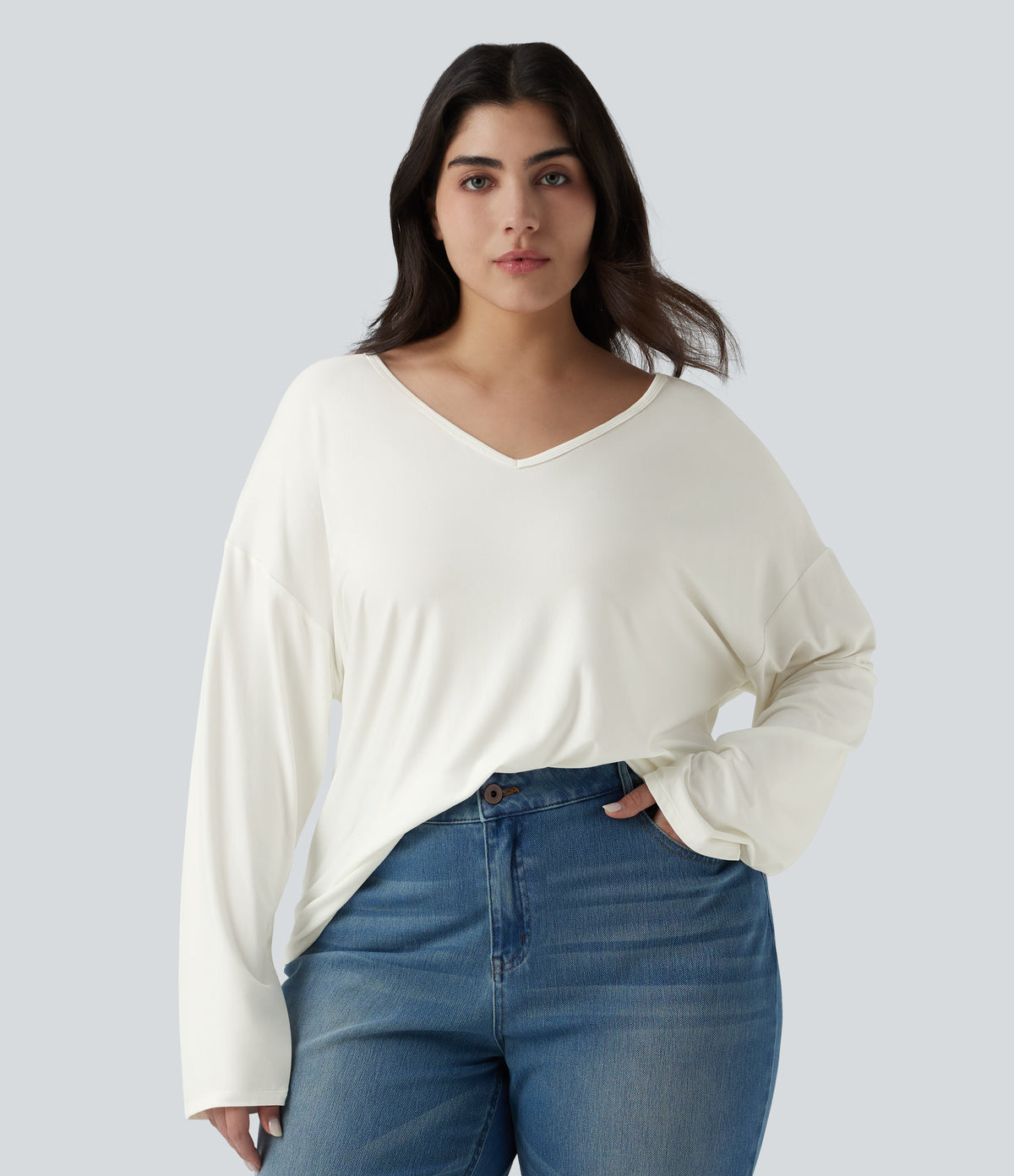 Plus Size V Neck Long Sleeve Casual Top — White — view 1