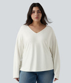Plus Size V Neck Long Sleeve Casual Top — White — view 6