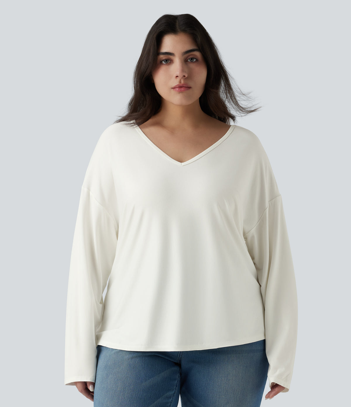 Plus Size V Neck Long Sleeve Casual Top — White — view 6