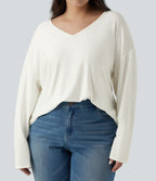 Plus Size V Neck Long Sleeve Casual Top — White — view 4