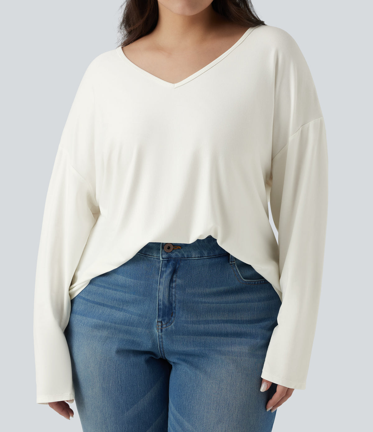 Plus Size V Neck Long Sleeve Casual Top — White — view 4