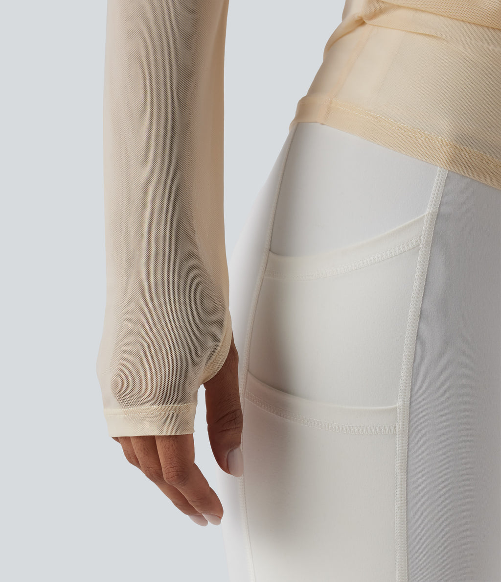One Shoulder Long Sleeve Thumb Hole Mesh Yoga Sports Top — Antique White — view 5