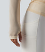 One Shoulder Long Sleeve Thumb Hole Mesh Yoga Sports Top — Antique White — view 5