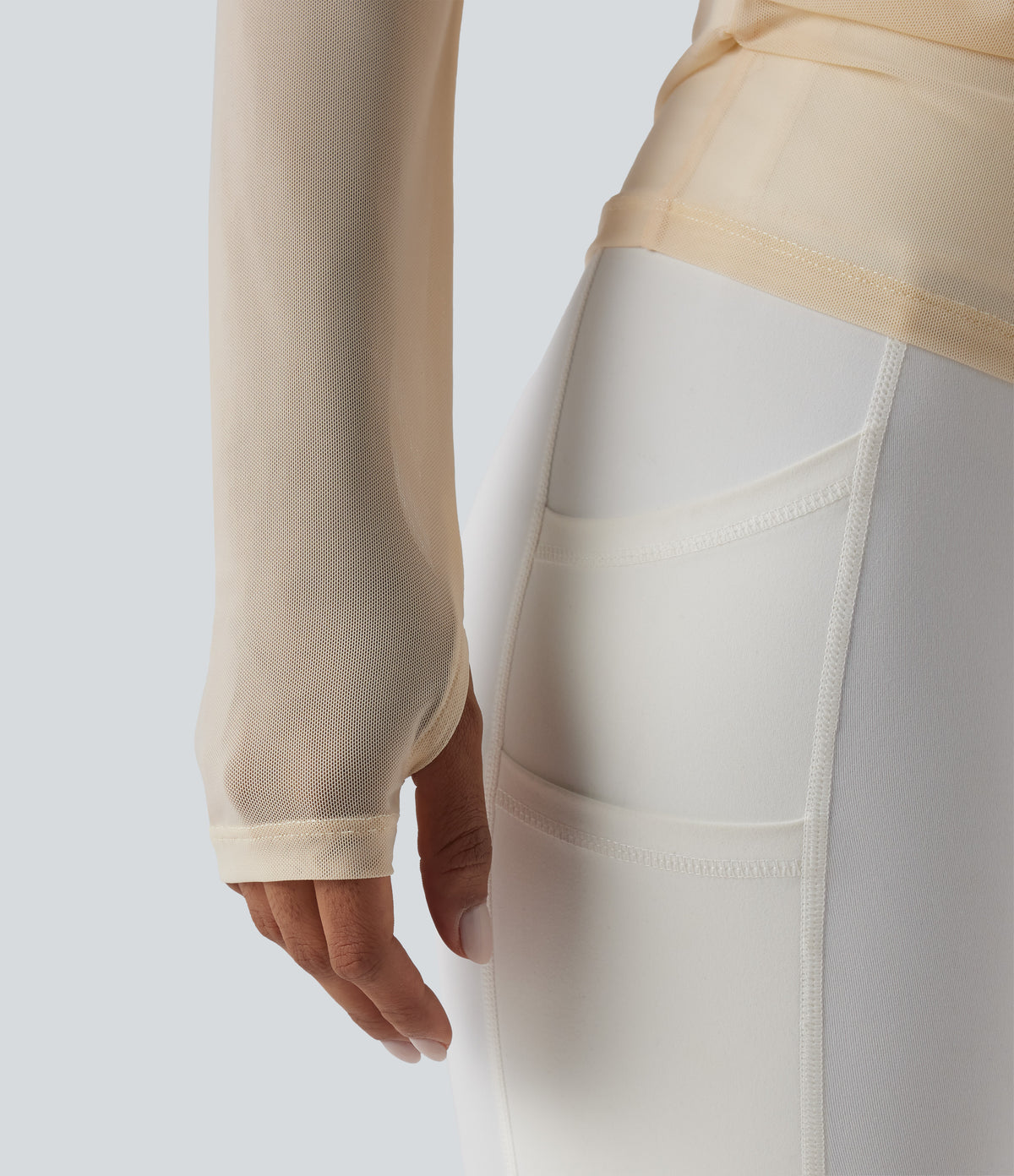 One Shoulder Long Sleeve Thumb Hole Mesh Yoga Sports Top — Antique White — view 5