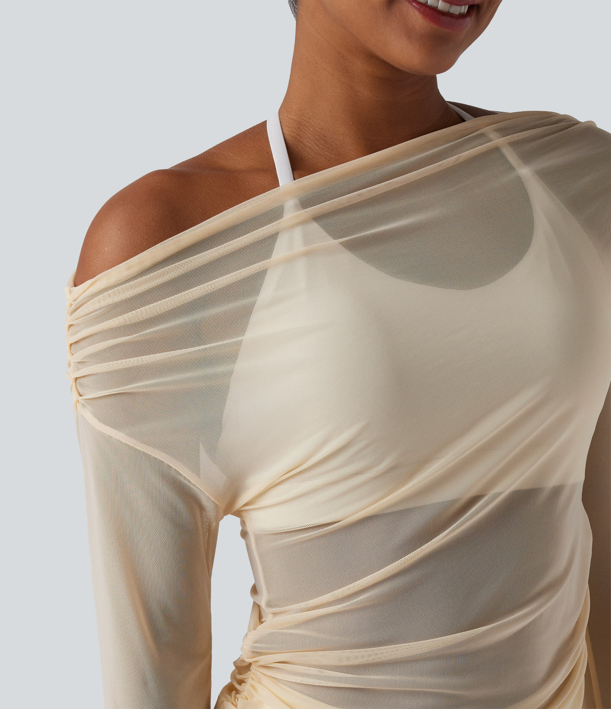 One Shoulder Long Sleeve Thumb Hole Mesh Yoga Sports Top — Antique White — view 4