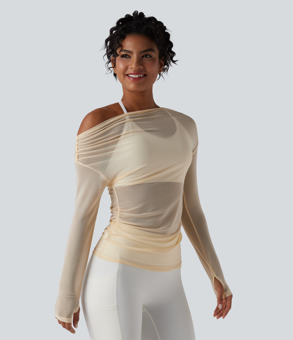 One Shoulder Long Sleeve Thumb Hole Mesh Yoga Sports Top — Antique White — view 3