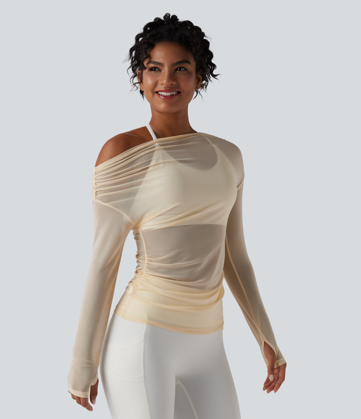 One Shoulder Long Sleeve Thumb Hole Mesh Yoga Sports Top — Antique White — view 3