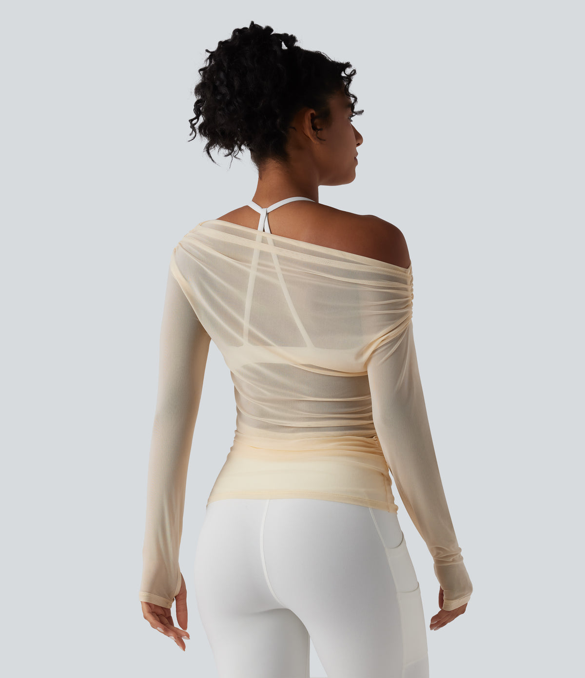 One Shoulder Long Sleeve Thumb Hole Mesh Yoga Sports Top — Antique White — view 2