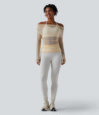 One Shoulder Long Sleeve Thumb Hole Mesh Yoga Sports Top — Antique White — view 6