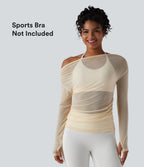 One Shoulder Long Sleeve Thumb Hole Mesh Yoga Sports Top — Antique White — view 1