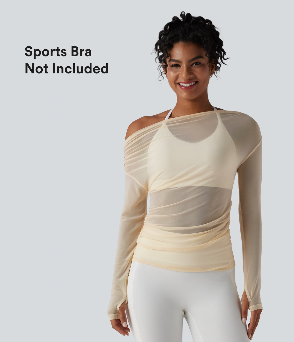 One Shoulder Long Sleeve Thumb Hole Mesh Yoga Sports Top — Antique White — view 1