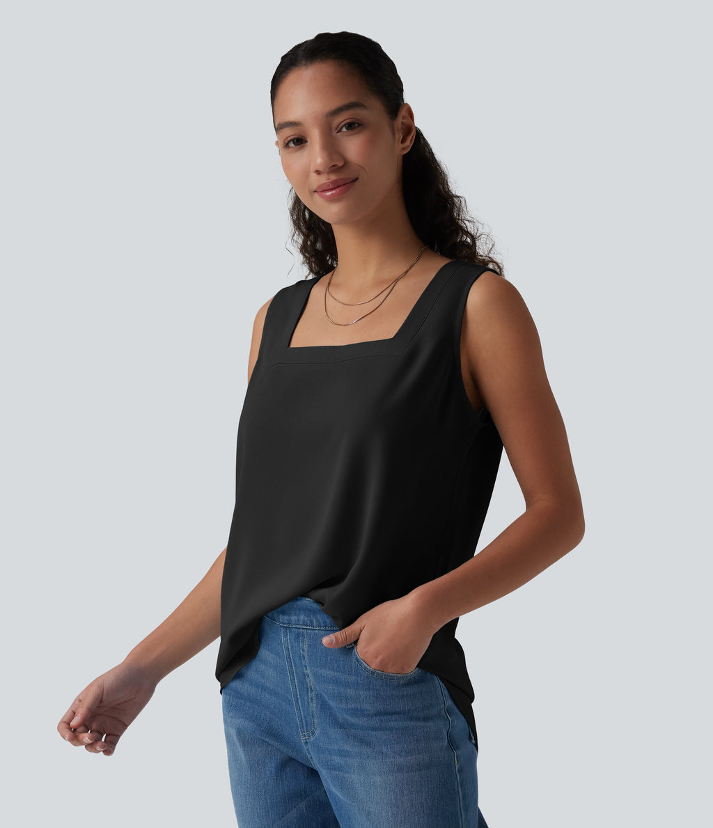 Square Neck Curved Hem Casual Tank Top — Black — view 3