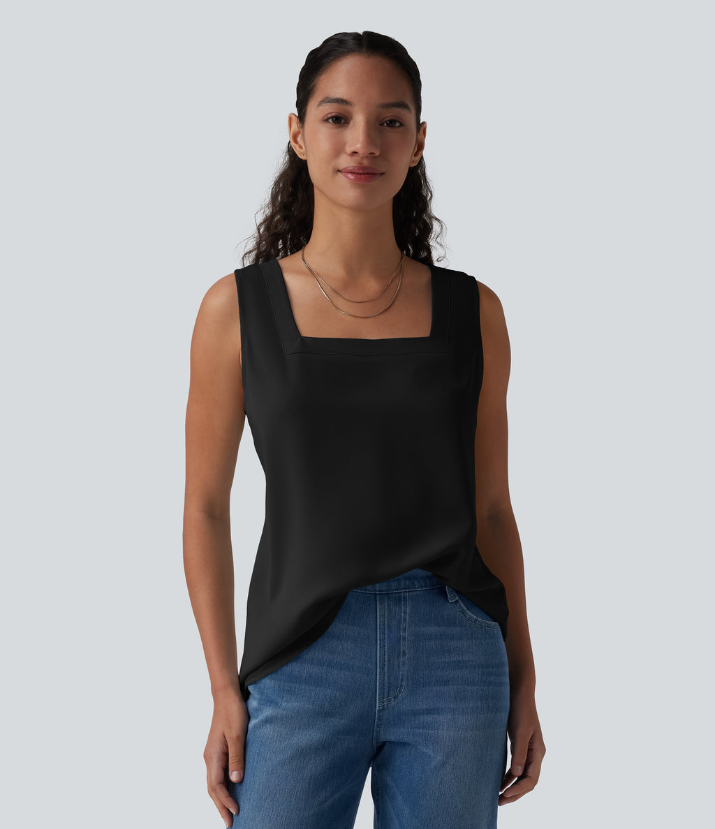 Square Neck Curved Hem Casual Tank Top — Black — view 1