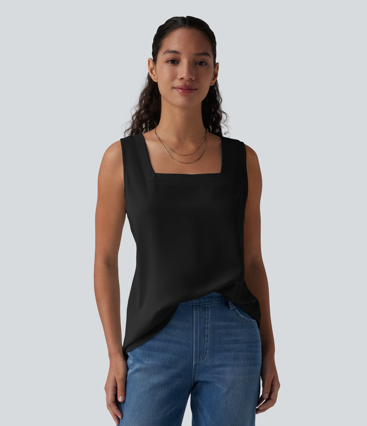 Square Neck Curved Hem Casual Tank Top — Black — view 1
