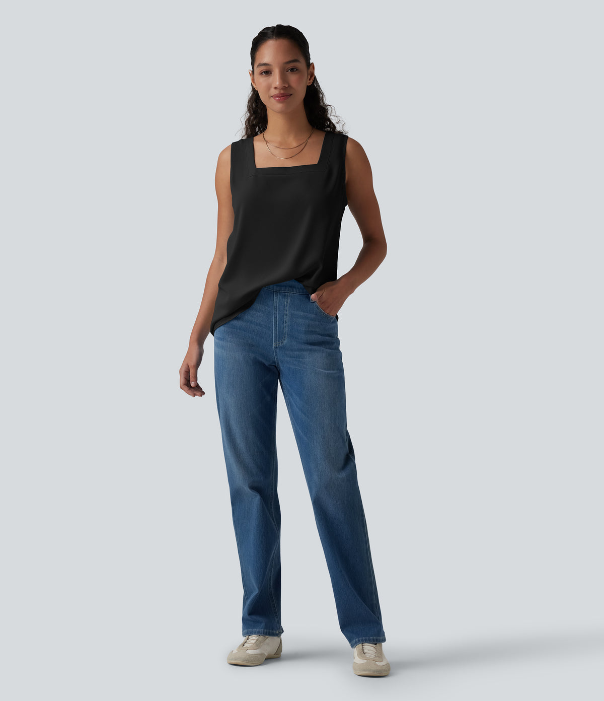 Square Neck Curved Hem Casual Tank Top — Black — view 7