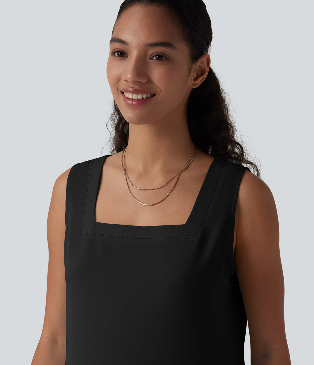 Square Neck Curved Hem Casual Tank Top — Black — view 4