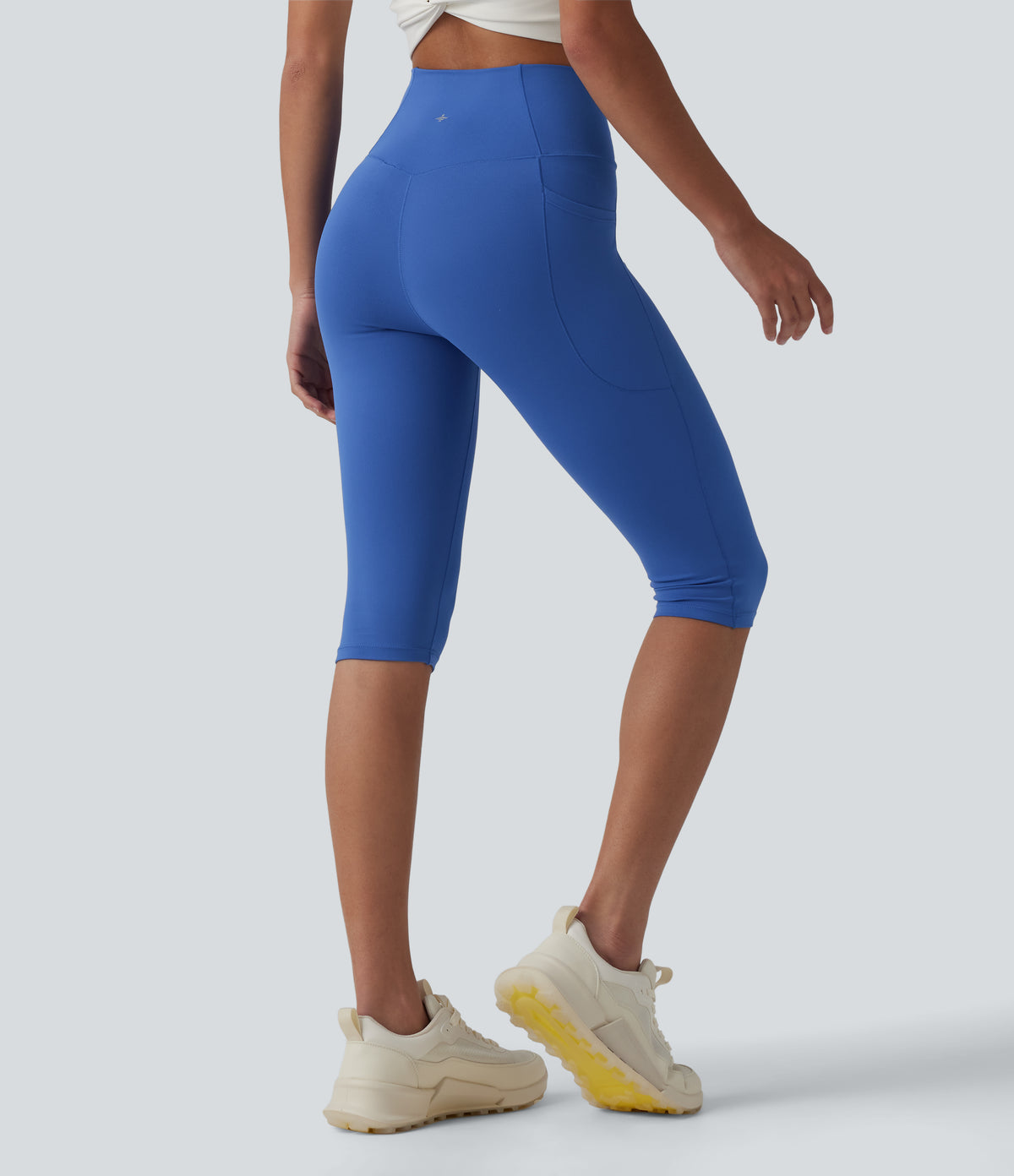 High Waisted Crossover Pedal Pusher Yoga Leggings with Pockets — Beaucoup Blue — view 2