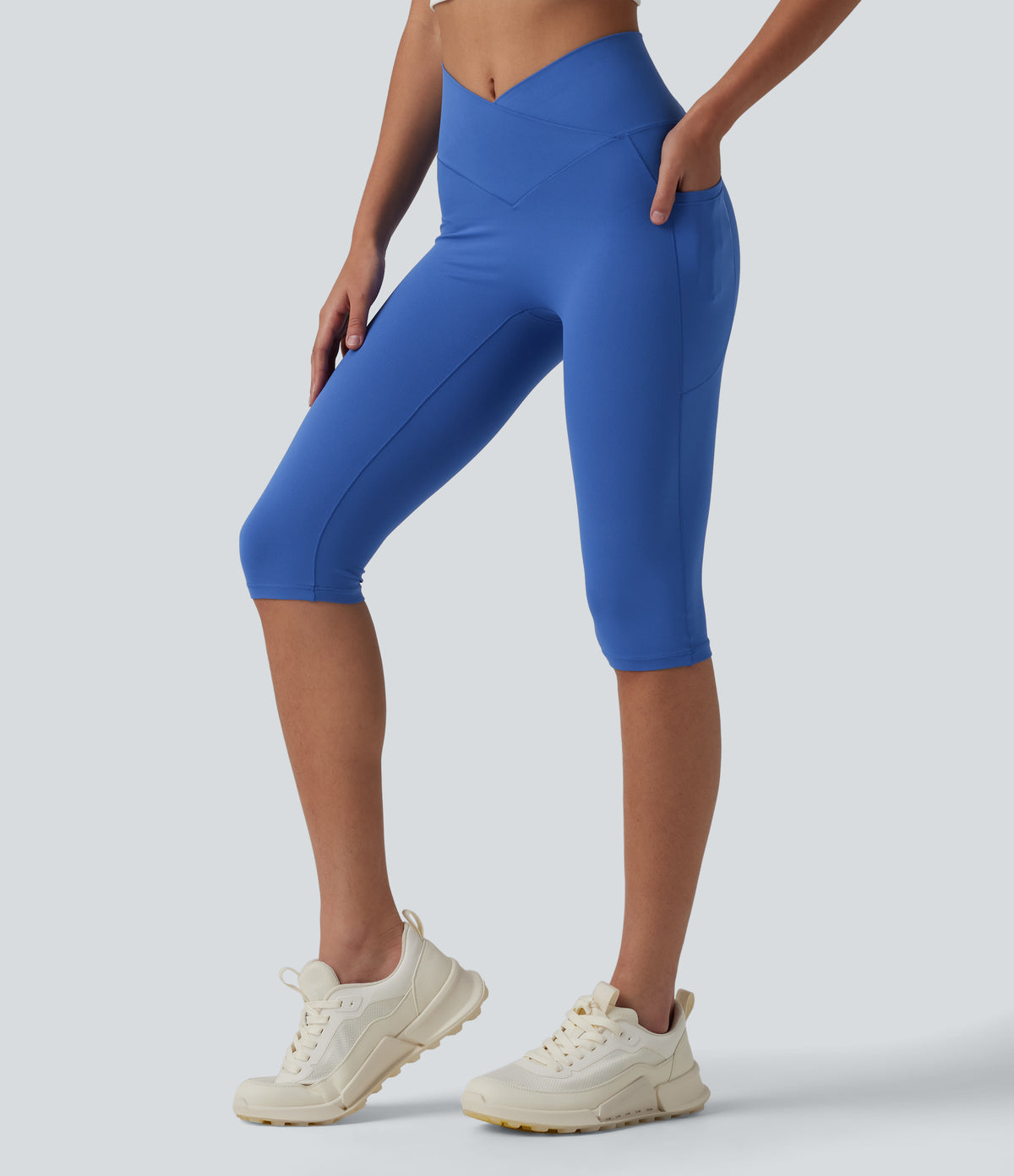 High Waisted Crossover Pedal Pusher Yoga Leggings with Pockets — Beaucoup Blue — view 3