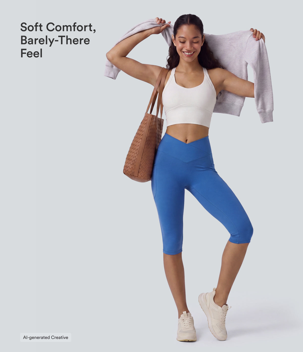 High Waisted Crossover Pedal Pusher Yoga Leggings with Pockets — Beaucoup Blue — view 6