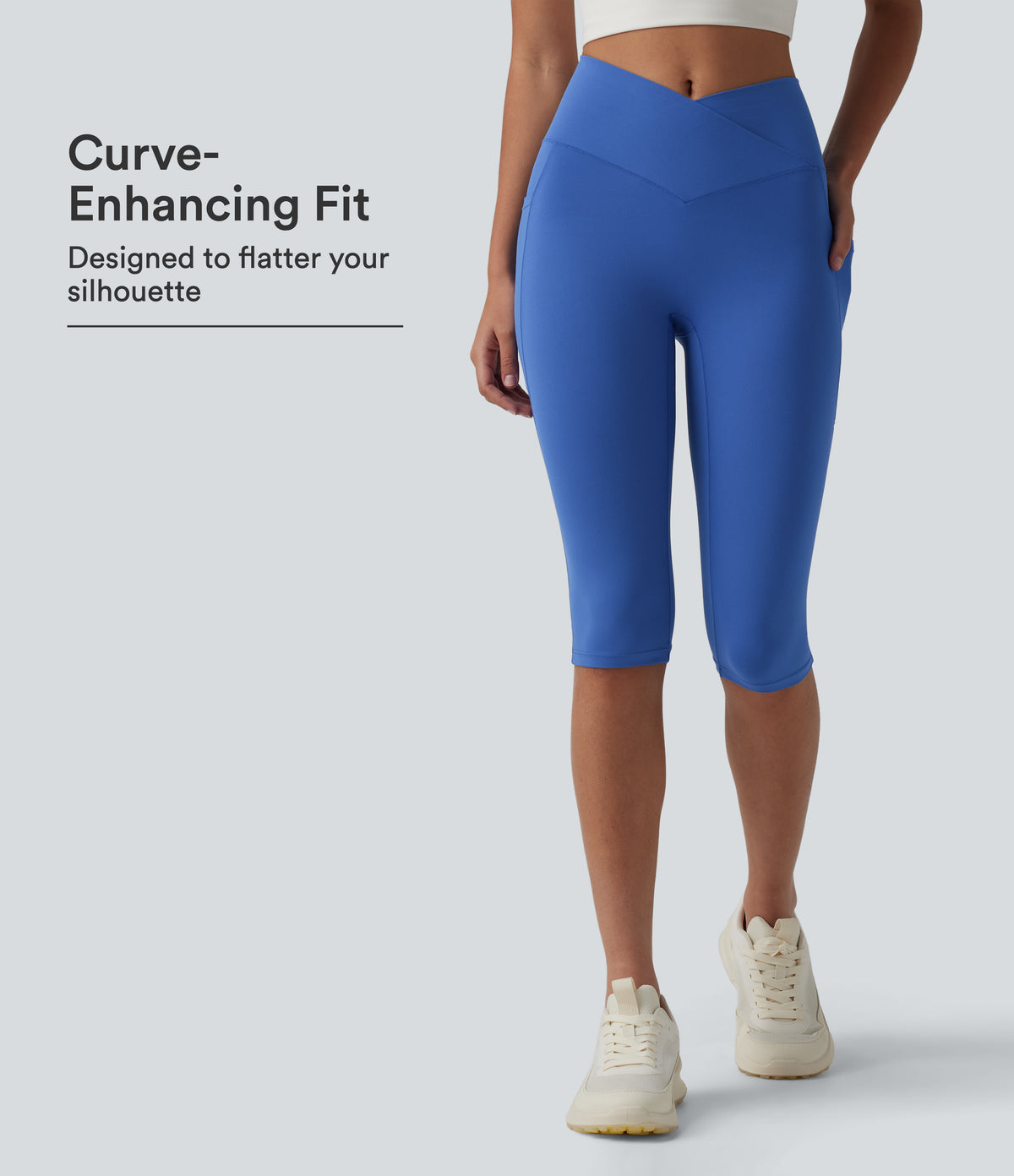 High Waisted Crossover Pedal Pusher Yoga Leggings with Pockets — Beaucoup Blue — view 1