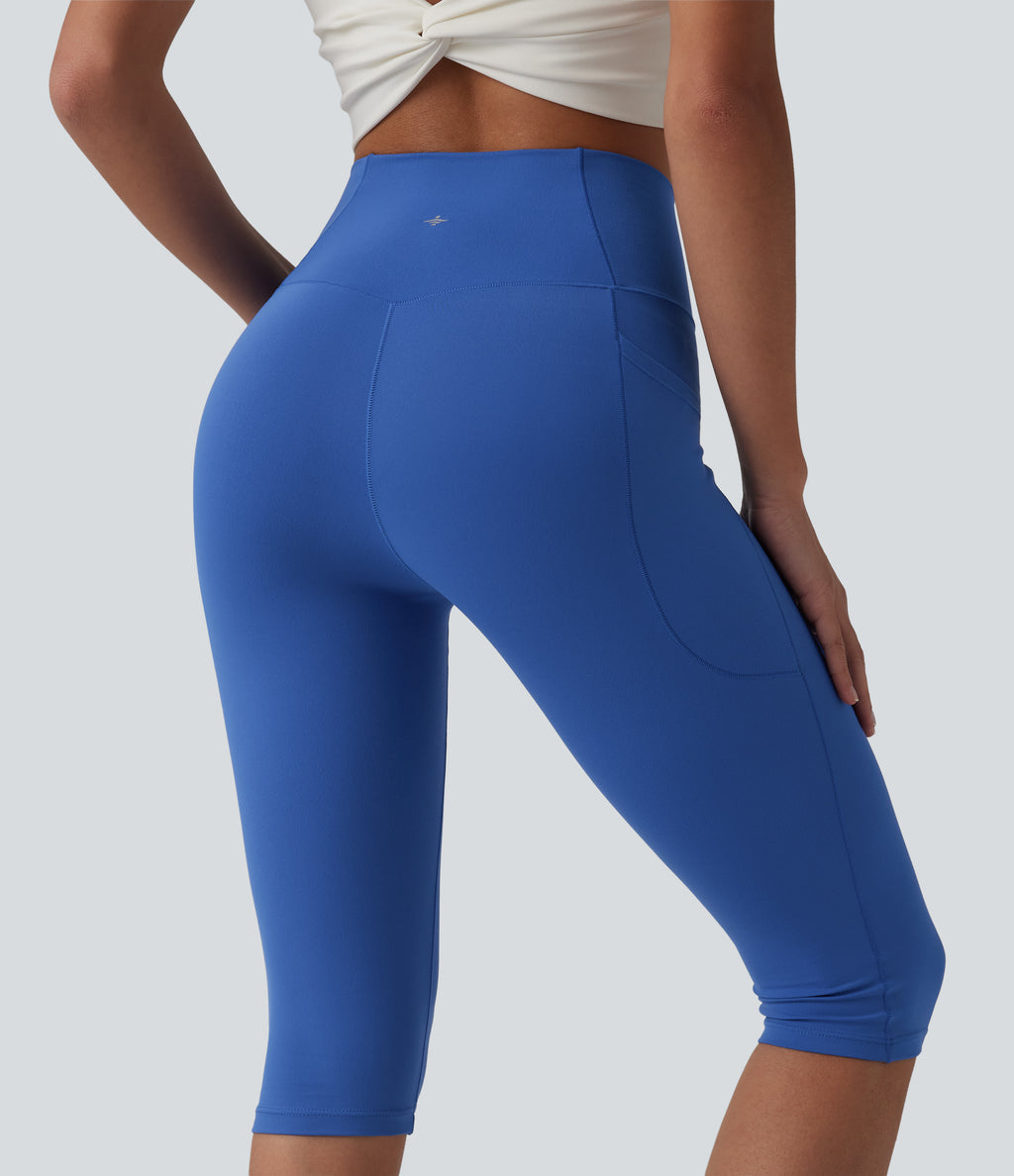 High Waisted Crossover Pedal Pusher Yoga Leggings with Pockets — Beaucoup Blue — view 8