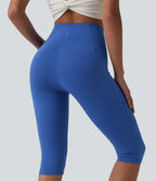 High Waisted Crossover Pedal Pusher Yoga Leggings with Pockets — Beaucoup Blue — view 8