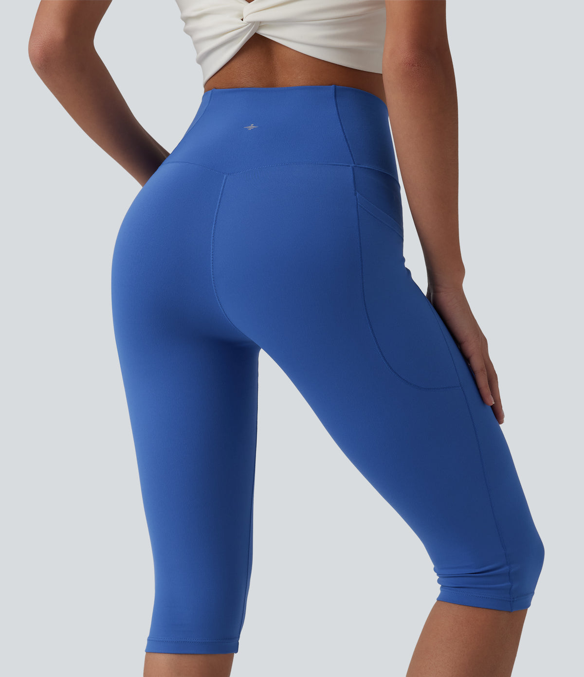 High Waisted Crossover Pedal Pusher Yoga Leggings with Pockets — Beaucoup Blue — view 8