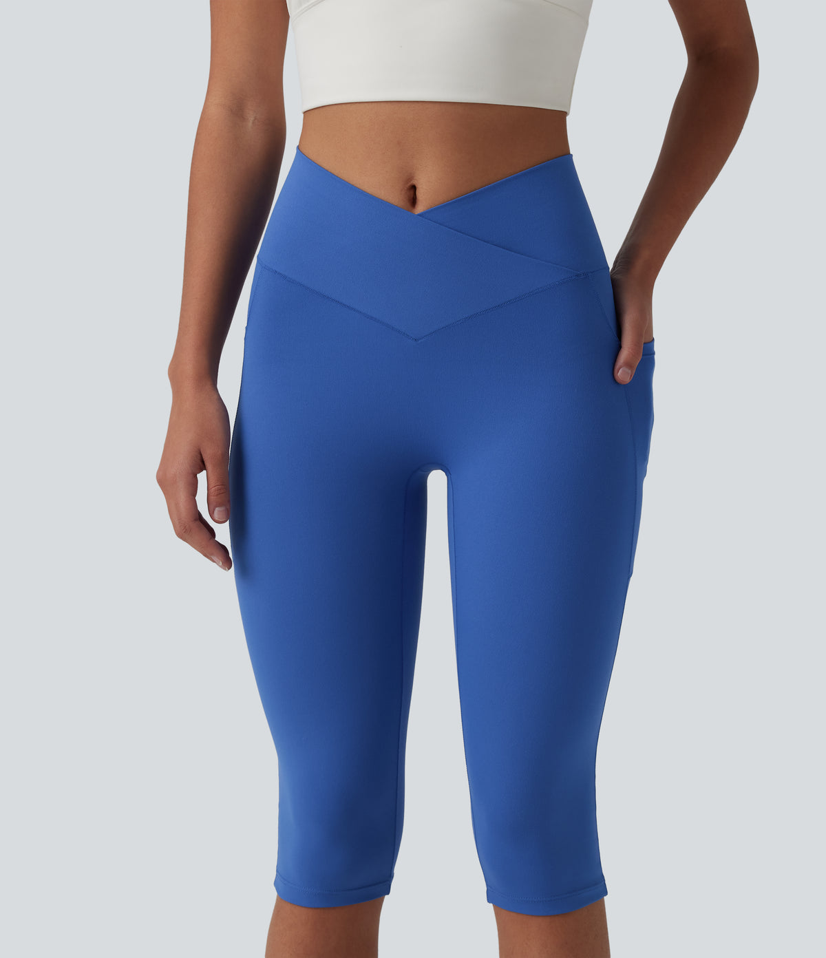 High Waisted Crossover Pedal Pusher Yoga Leggings with Pockets — Beaucoup Blue — view 7