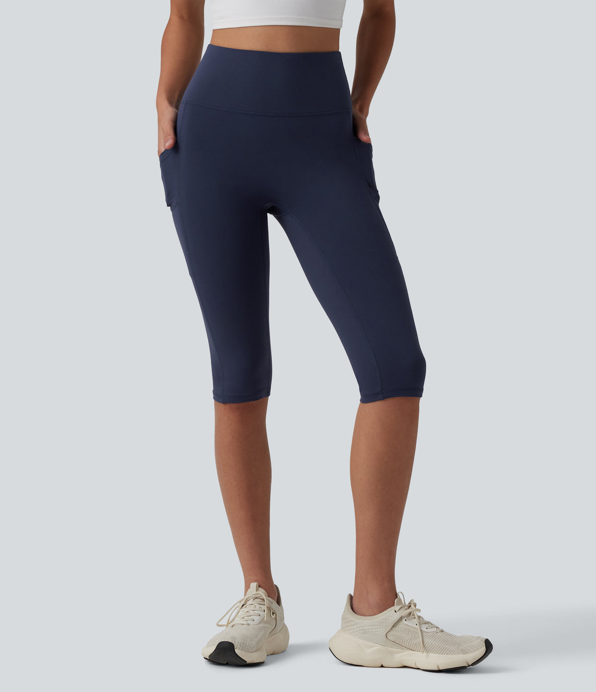 High Waisted Pedal Pusher Yoga Leggings with Pockets — Peacoat — view 3
