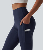 High Waisted Pedal Pusher Yoga Leggings with Pockets — Peacoat — view 4