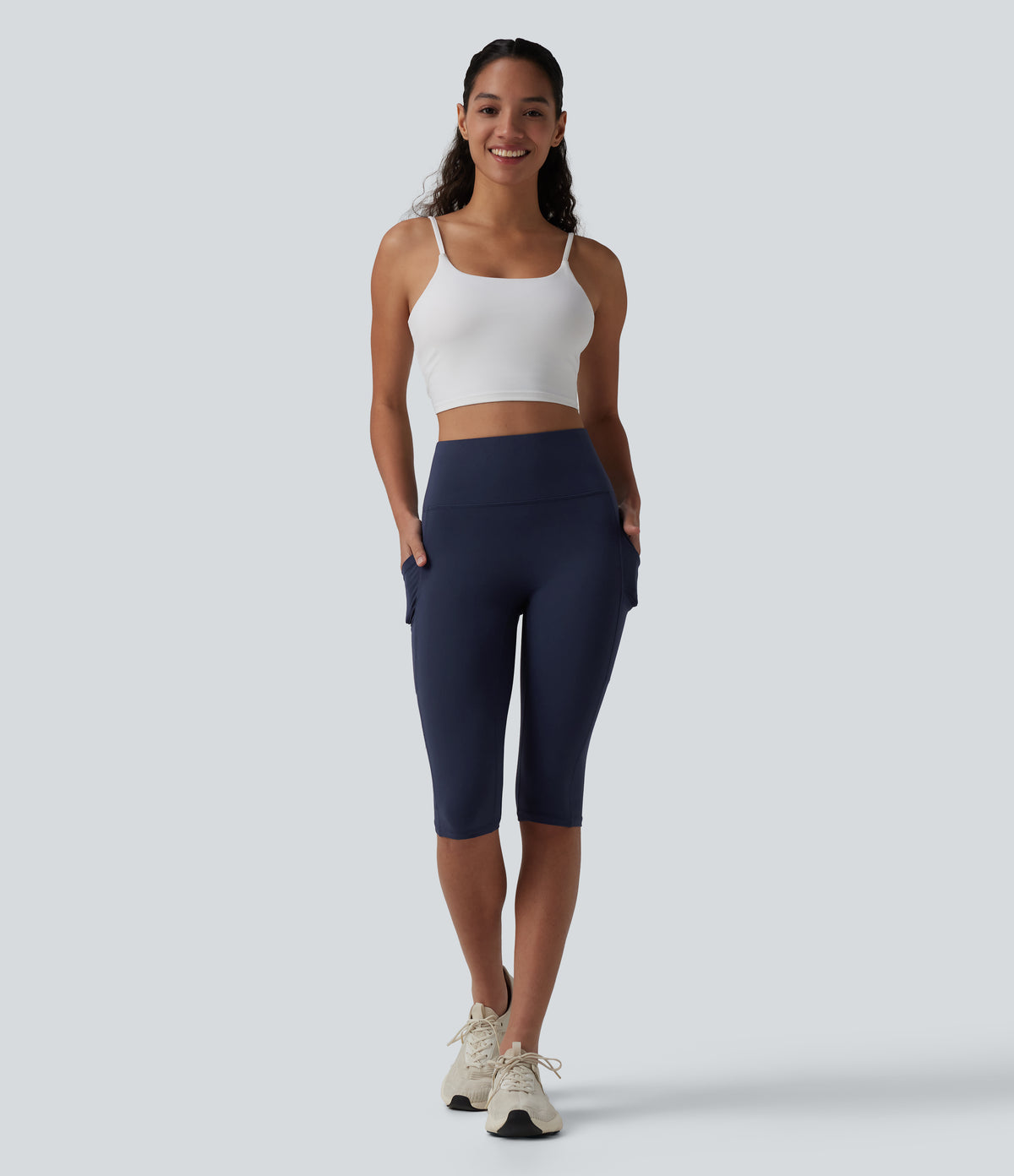 High Waisted Pedal Pusher Yoga Leggings with Pockets — Peacoat — view 6