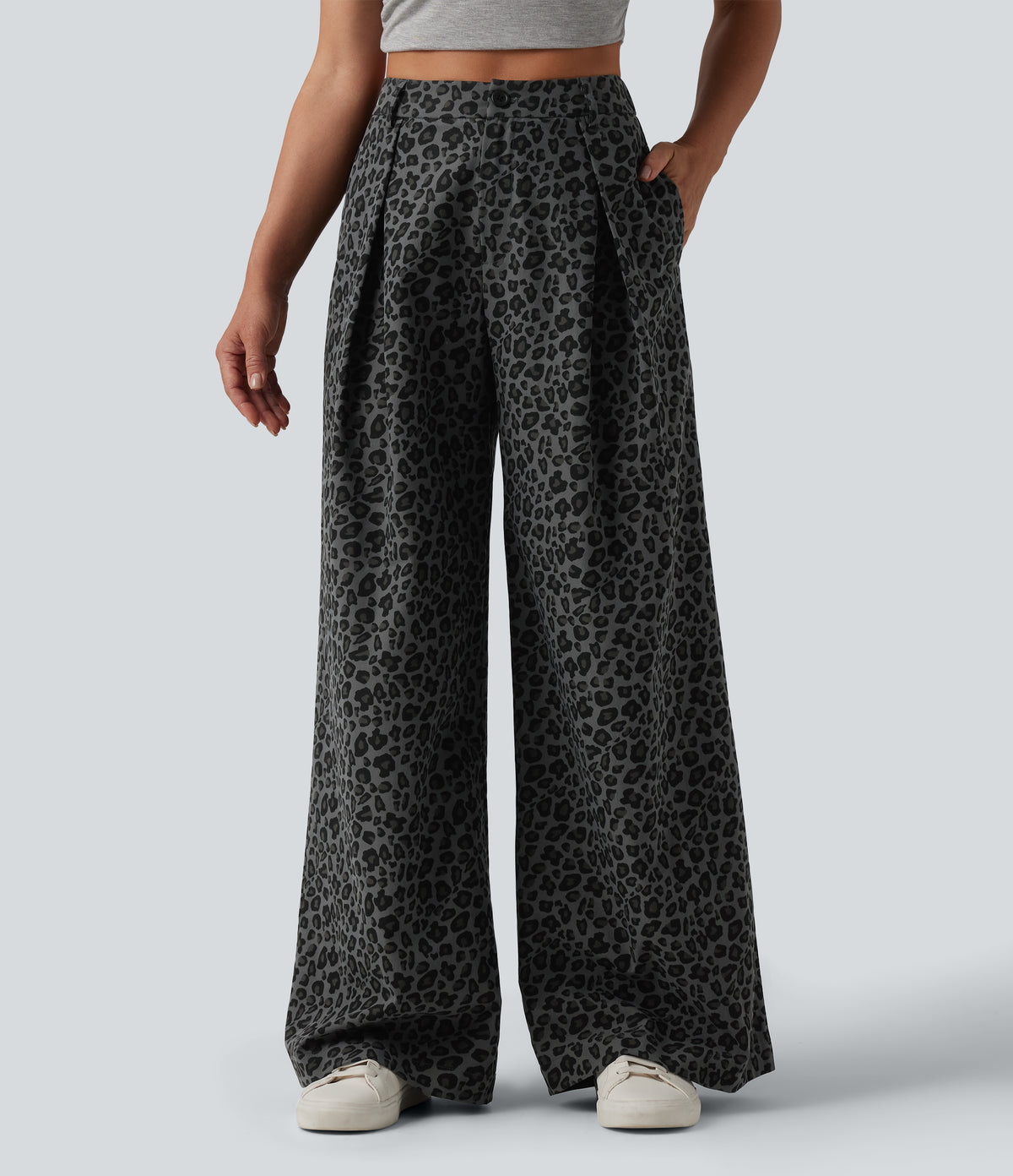 Mid Rise Wide Leg Leopard Print Casual Trousers with Pockets — Granite Panther — view 1