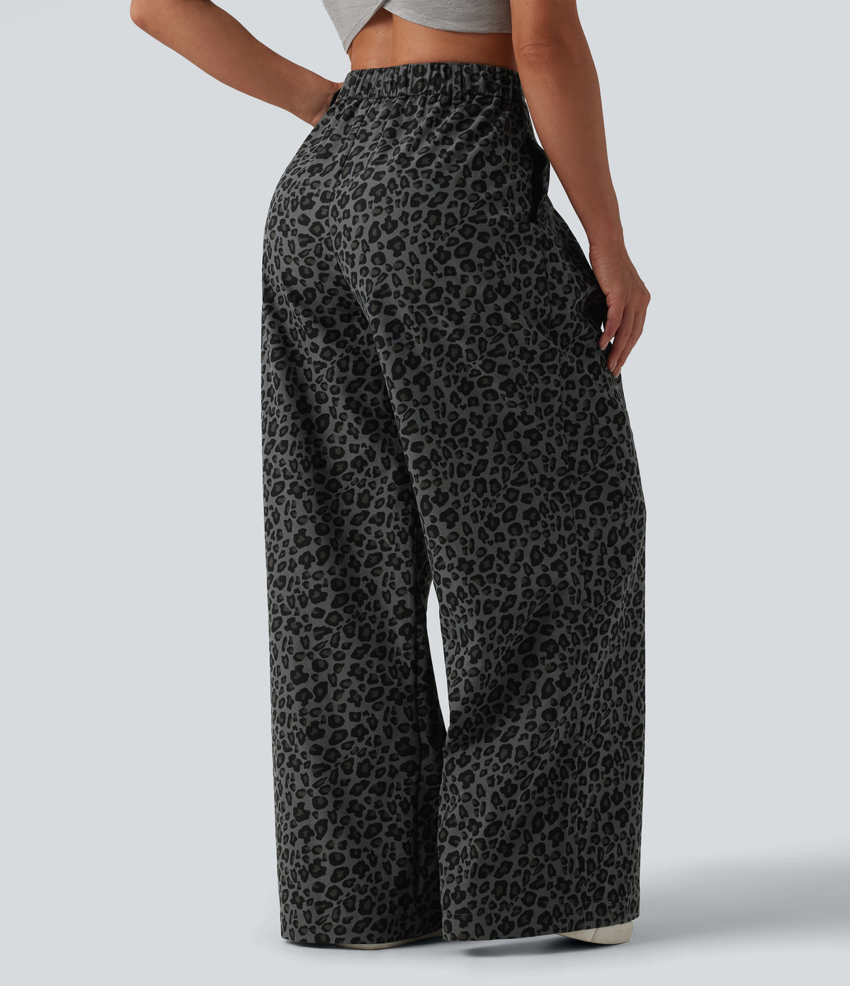 Mid Rise Wide Leg Leopard Print Casual Trousers with Pockets — Granite Panther — view 2