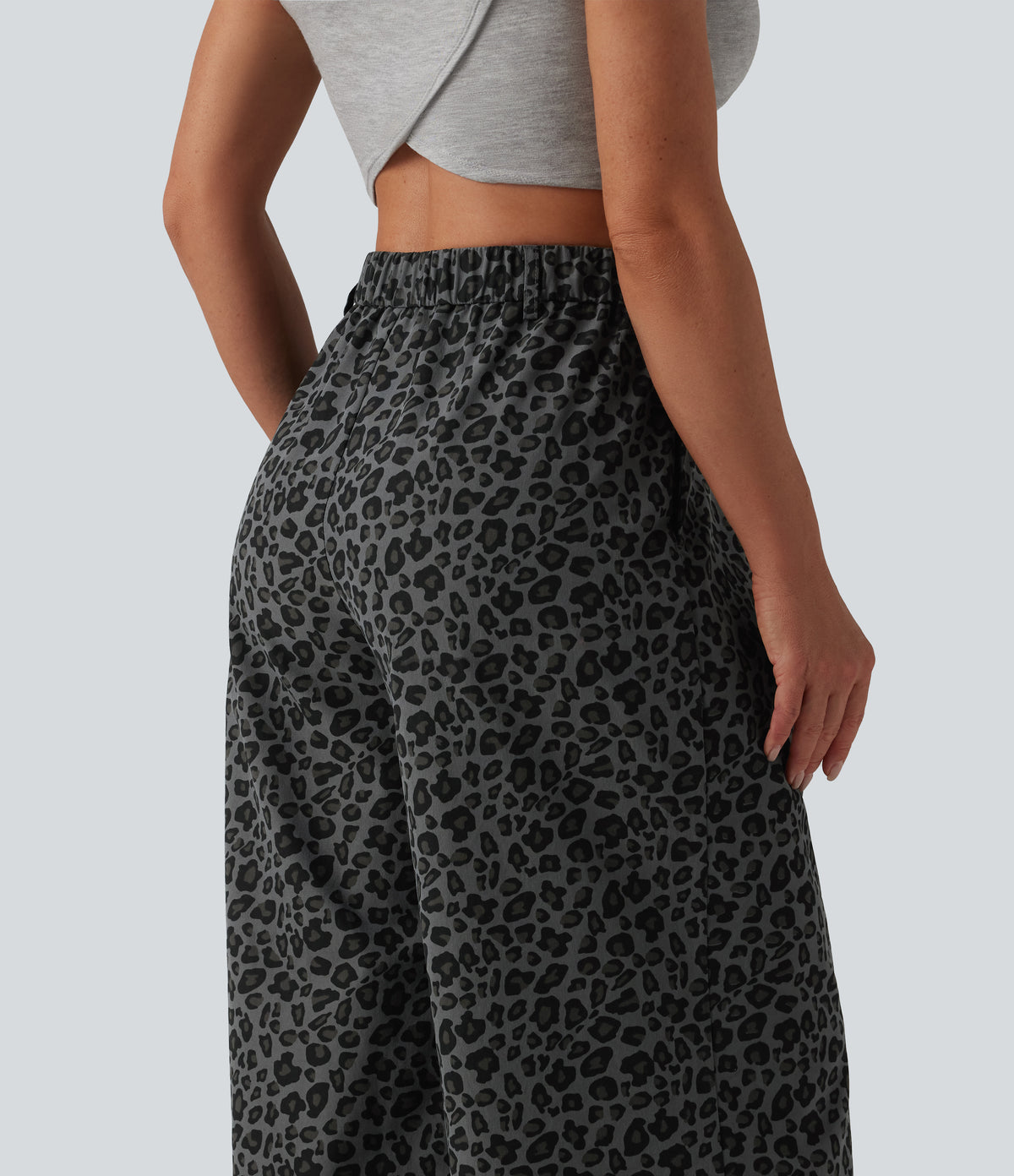 Mid Rise Wide Leg Leopard Print Casual Trousers with Pockets — Granite Panther — view 6